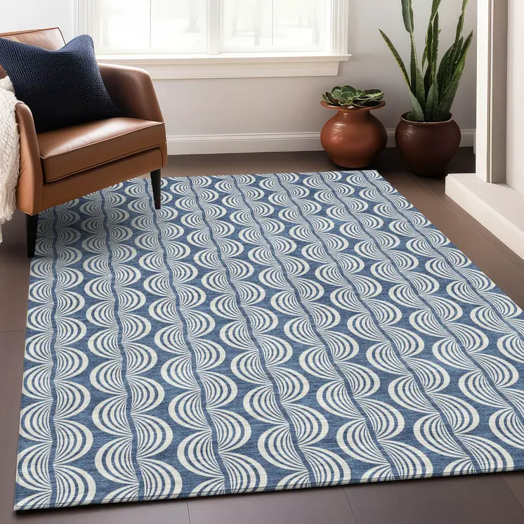 9' X 12' Denim Blue And Ivory Ogee Washable Indoor Outdoor Area Rug