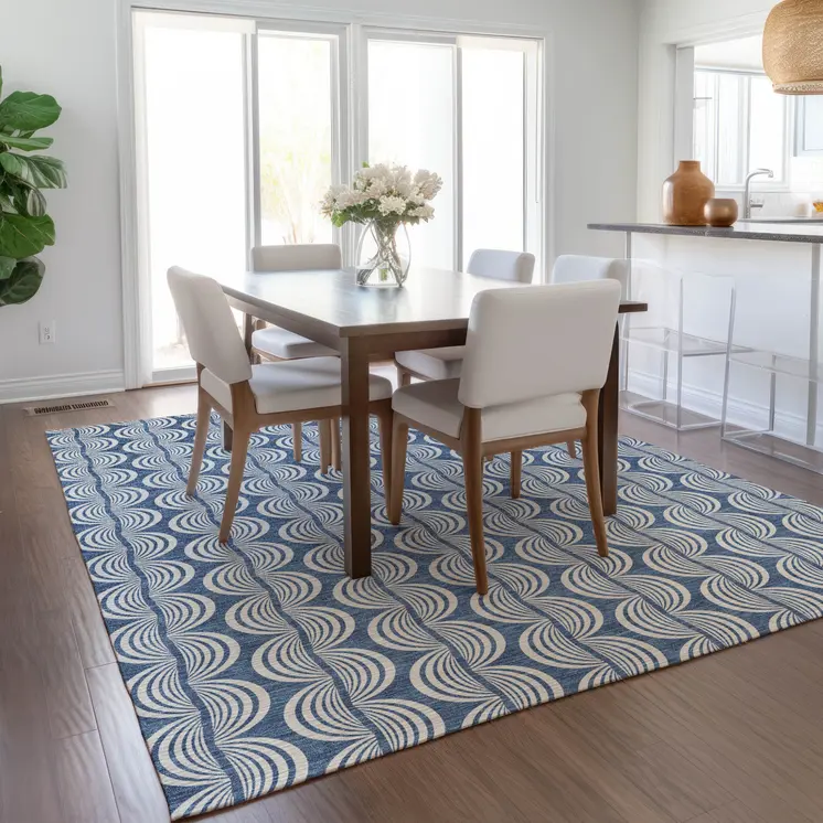 9' X 12' Denim Blue And Ivory Ogee Washable Indoor Outdoor Area Rug