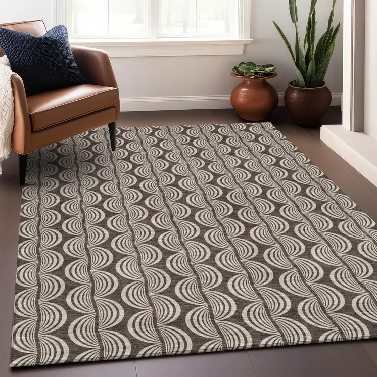3' X 5' Brown And Beige Ogee Washable Indoor Outdoor Area Rug