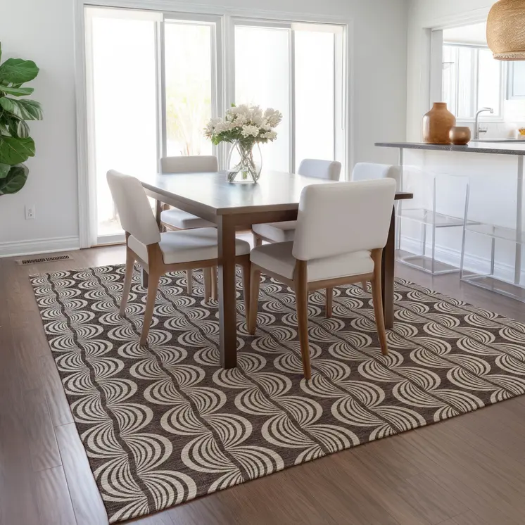 3' X 5' Brown And Beige Ogee Washable Indoor Outdoor Area Rug