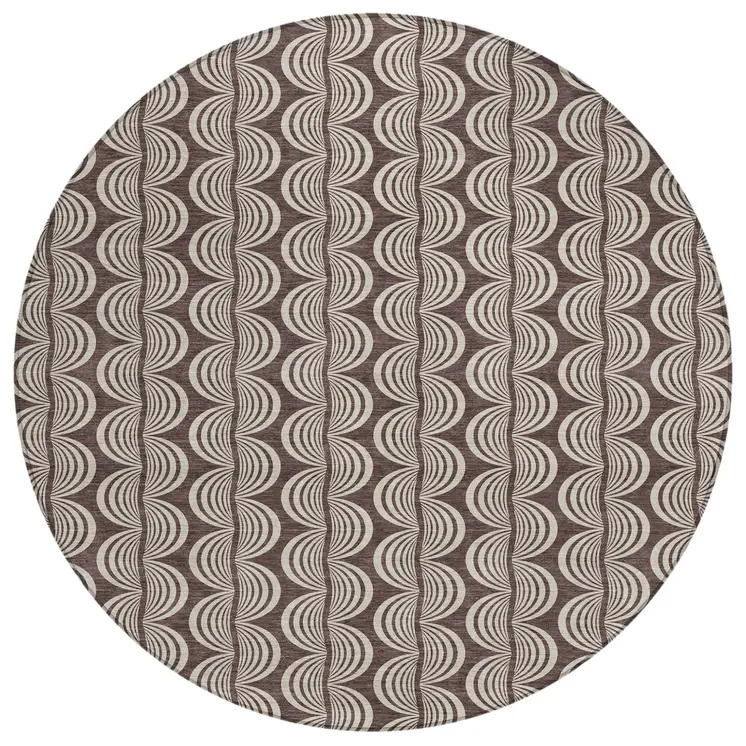8' Brown And Beige Round Ogee Washable Indoor Outdoor Area Rug
