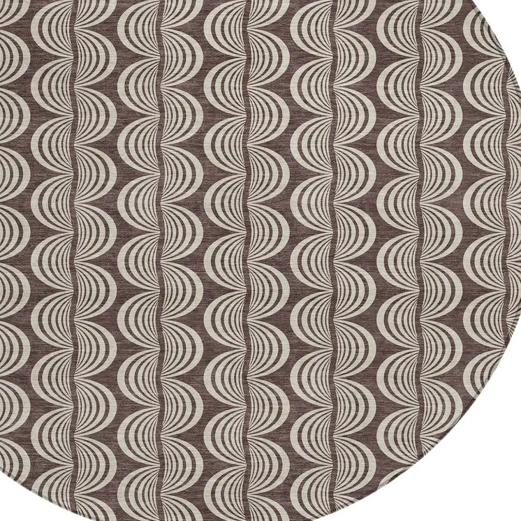 8' Brown And Beige Round Ogee Washable Indoor Outdoor Area Rug