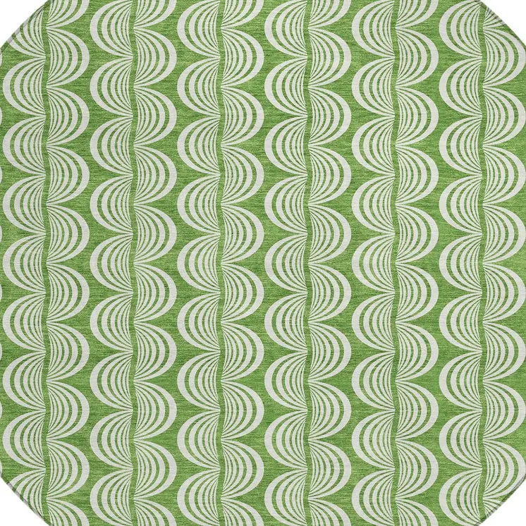 8' Green And Ivory Round Ogee Washable Indoor Outdoor Area Rug