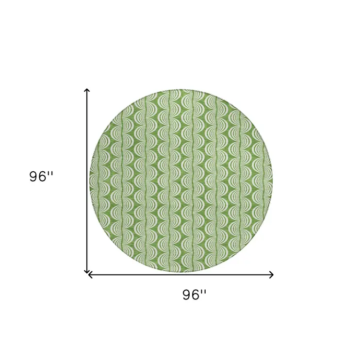 8' Green And Ivory Round Ogee Washable Indoor Outdoor Area Rug