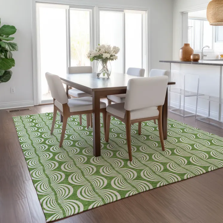 8' X 10' Green And Ivory Ogee Washable Indoor Outdoor Area Rug