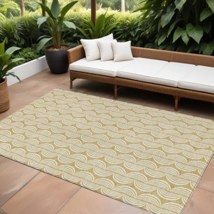 8' X 10' Gold And Beige Ogee Washable Indoor Outdoor Area Rug