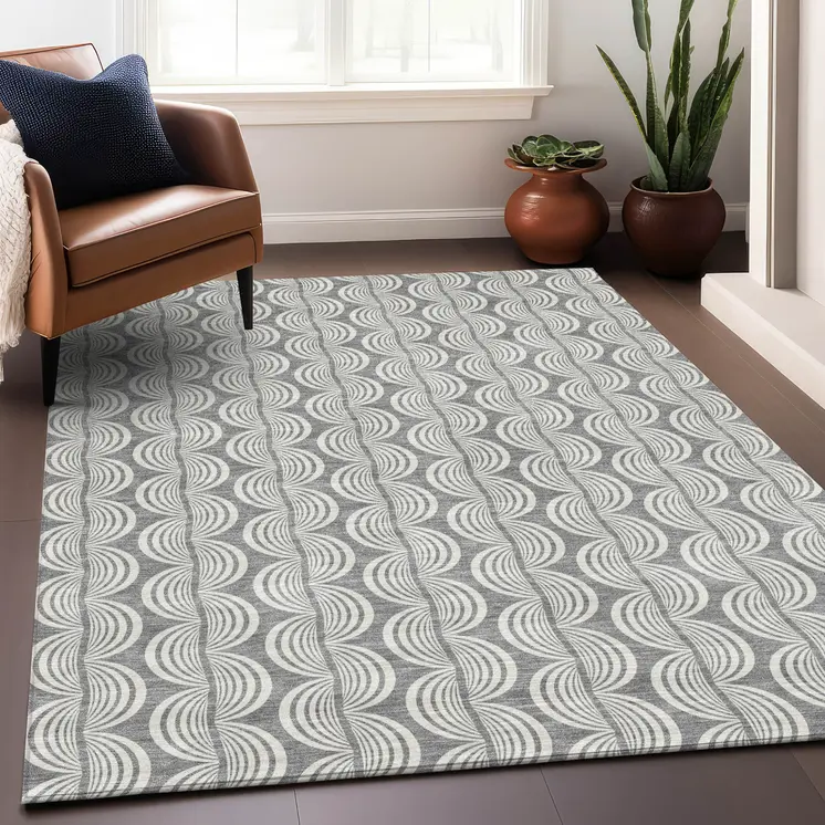 3' X 5' Gray And Ivory Ogee Washable Indoor Outdoor Area Rug