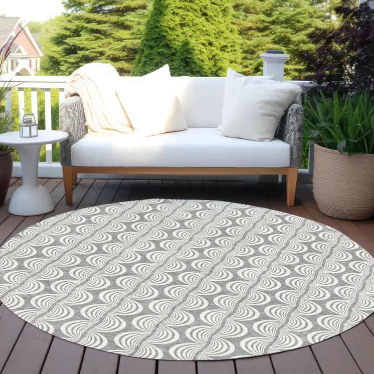 8' Gray And Ivory Round Ogee Washable Indoor Outdoor Area Rug
