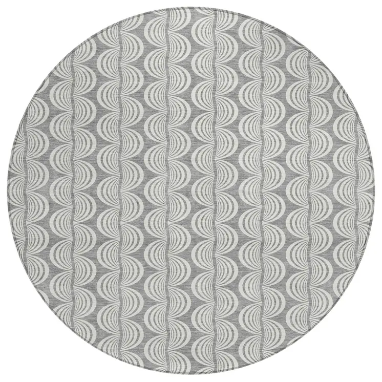 8' Gray And Ivory Round Ogee Washable Indoor Outdoor Area Rug