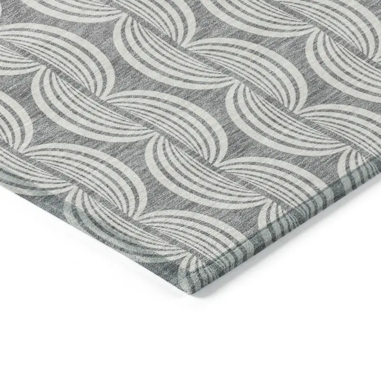 8' Gray And Ivory Round Ogee Washable Indoor Outdoor Area Rug