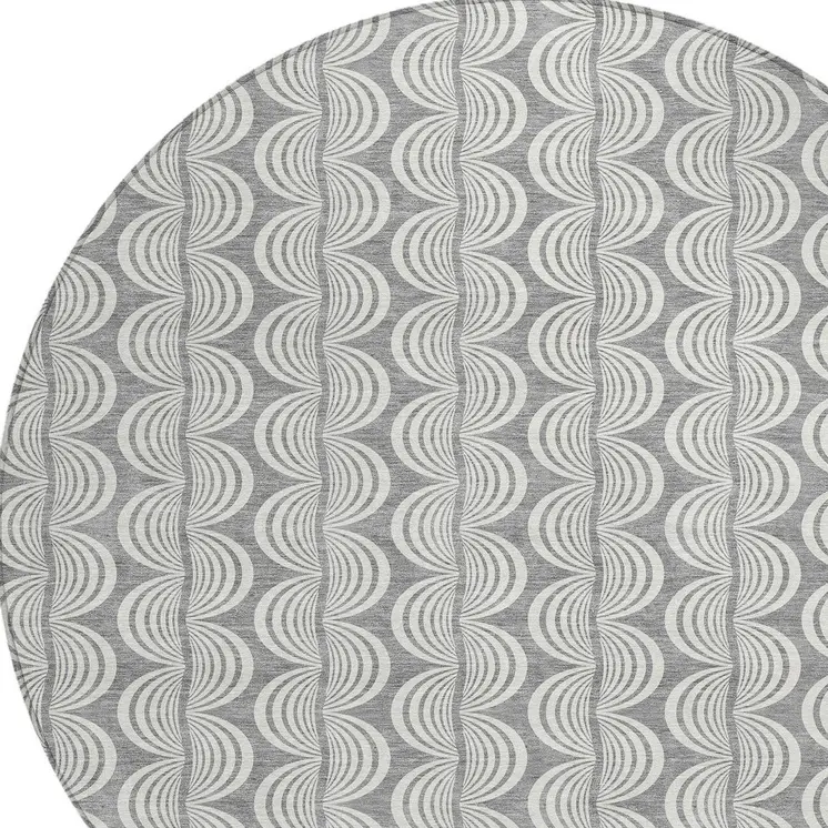 8' Gray And Ivory Round Ogee Washable Indoor Outdoor Area Rug