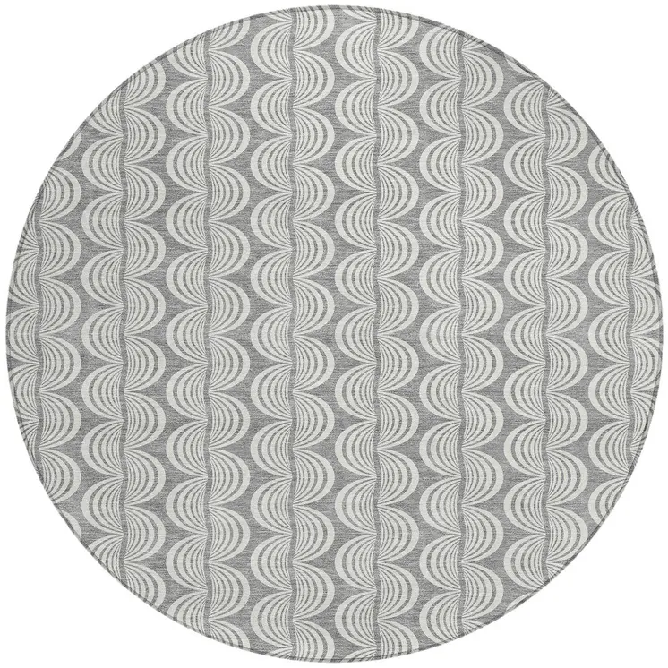 8' Gray And Ivory Round Ogee Washable Indoor Outdoor Area Rug