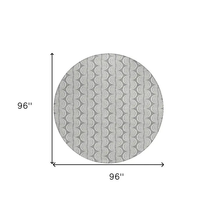 8' Gray And Ivory Round Ogee Washable Indoor Outdoor Area Rug