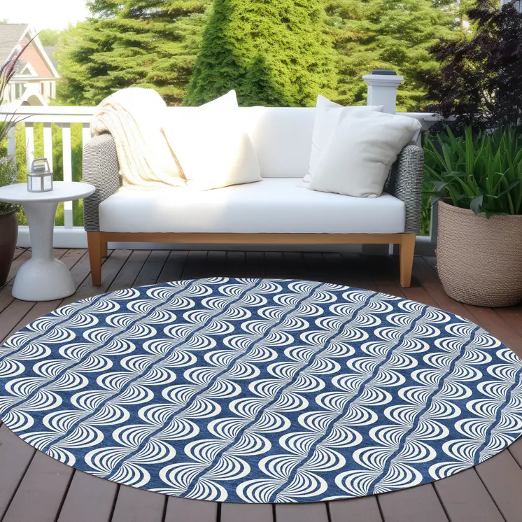 8' Navy Blue And Ivory Round Ogee Washable Indoor Outdoor Area Rug