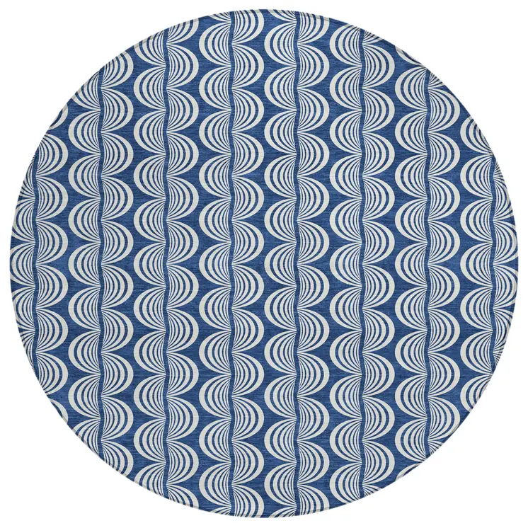 8' Navy Blue And Ivory Round Ogee Washable Indoor Outdoor Area Rug