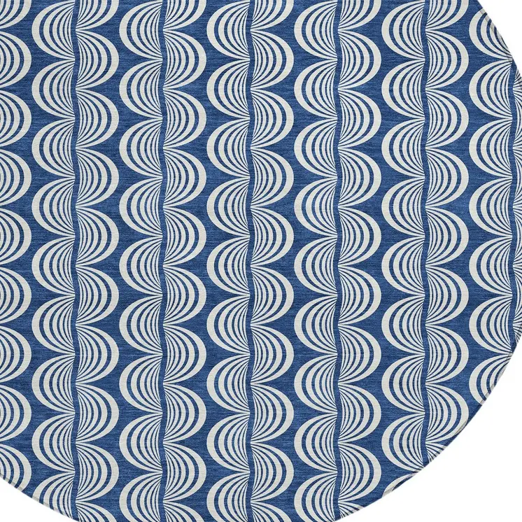 8' Navy Blue And Ivory Round Ogee Washable Indoor Outdoor Area Rug