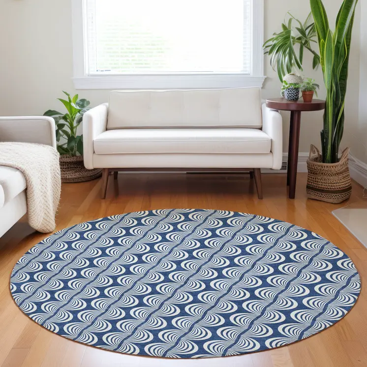 8' Navy Blue And Ivory Round Ogee Washable Indoor Outdoor Area Rug