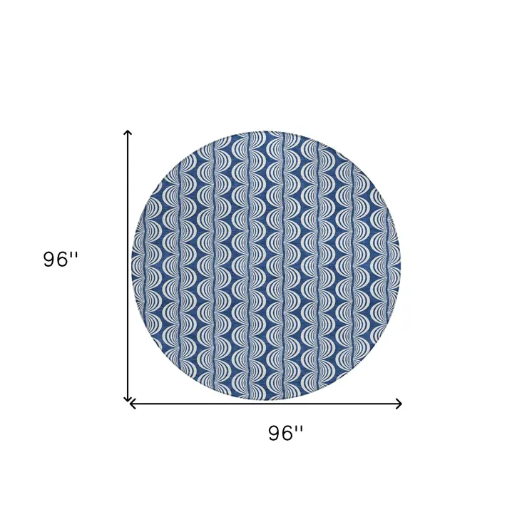 8' Navy Blue And Ivory Round Ogee Washable Indoor Outdoor Area Rug