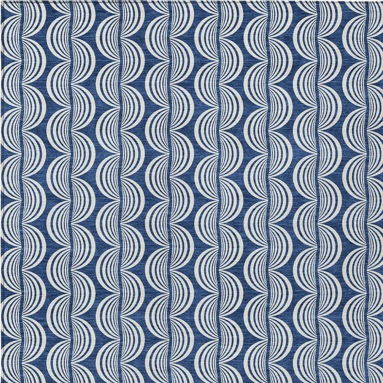 9' X 12' Navy Blue And Ivory Ogee Washable Indoor Outdoor Area Rug