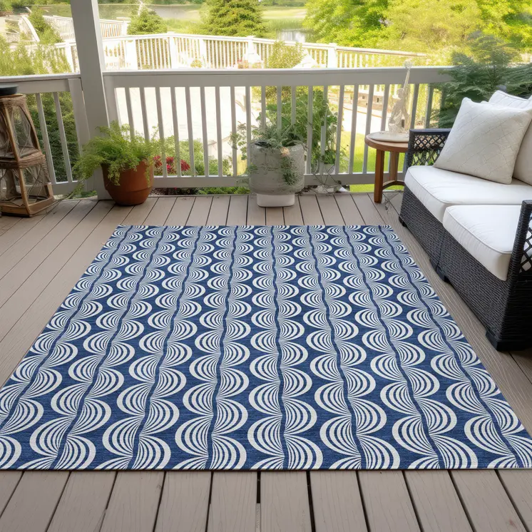 9' X 12' Navy Blue And Ivory Ogee Washable Indoor Outdoor Area Rug