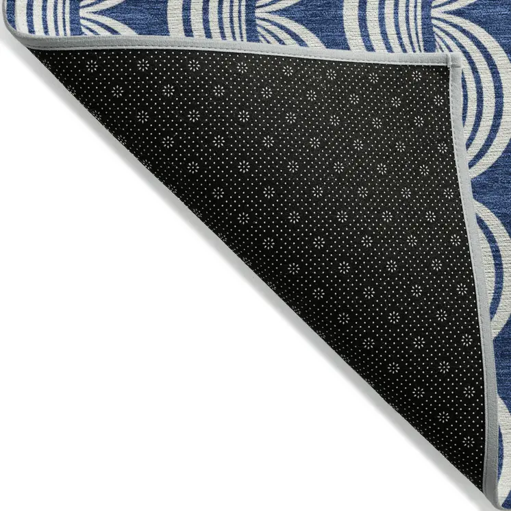 9' X 12' Navy Blue And Ivory Ogee Washable Indoor Outdoor Area Rug