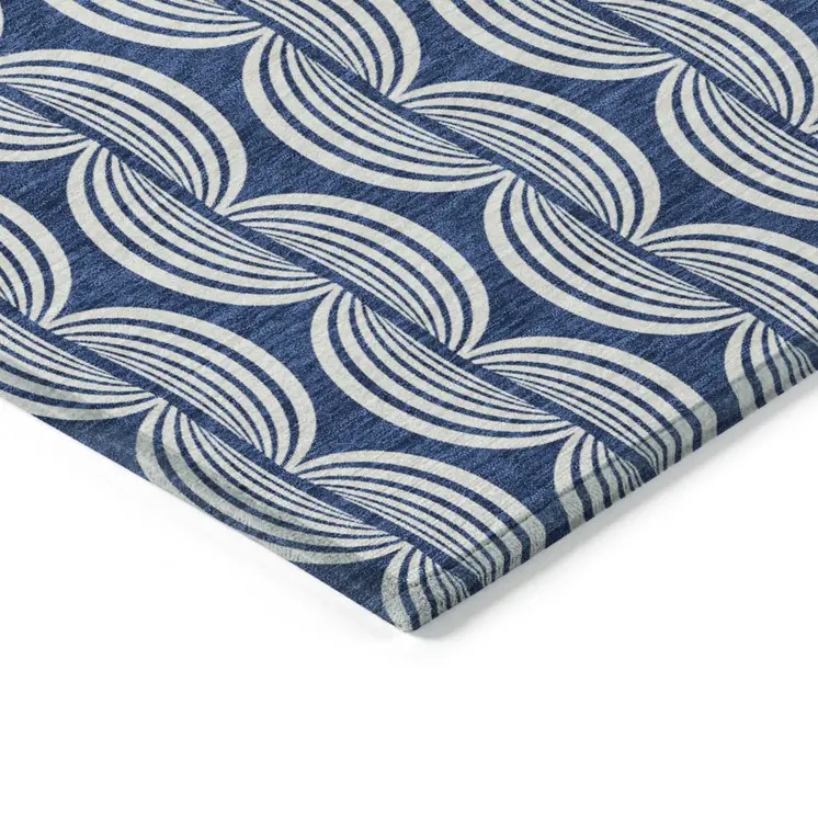9' X 12' Navy Blue And Ivory Ogee Washable Indoor Outdoor Area Rug