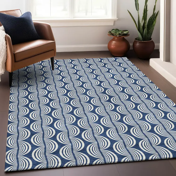 9' X 12' Navy Blue And Ivory Ogee Washable Indoor Outdoor Area Rug