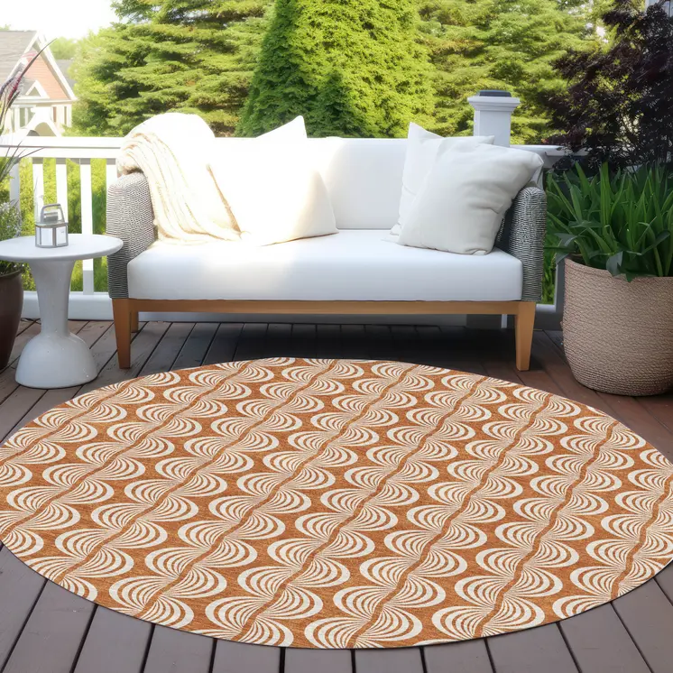 8' Copper And Beige Round Ogee Washable Indoor Outdoor Area Rug
