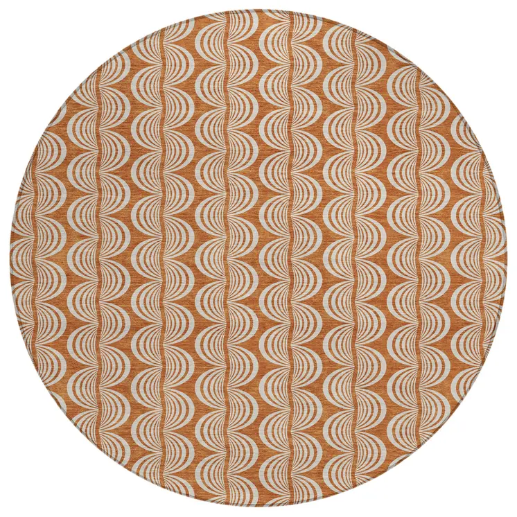 8' Copper And Beige Round Ogee Washable Indoor Outdoor Area Rug