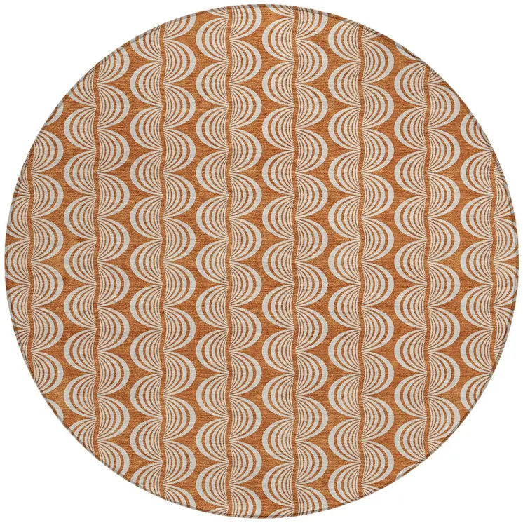 8' Copper And Beige Round Ogee Washable Indoor Outdoor Area Rug