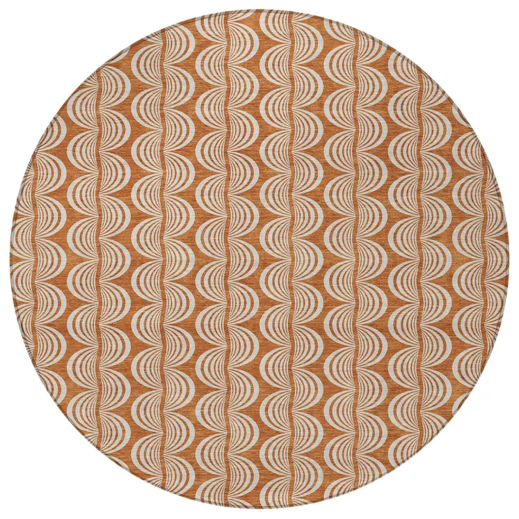 8' Copper And Beige Round Ogee Washable Indoor Outdoor Area Rug