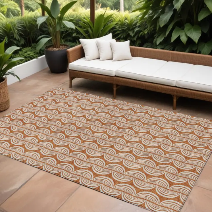 8' X 10' Copper And Beige Ogee Washable Indoor Outdoor Area Rug