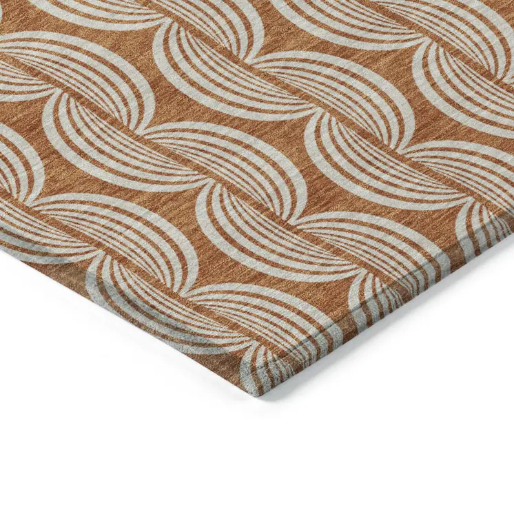 9' X 12' Copper And Beige Ogee Washable Indoor Outdoor Area Rug
