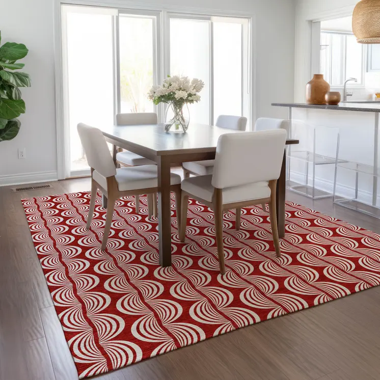 3' X 5' Red And Ivory Ogee Washable Indoor Outdoor Area Rug