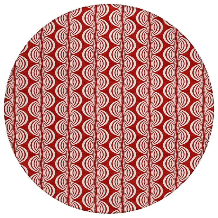 8' Red And Ivory Round Ogee Washable Indoor Outdoor Area Rug