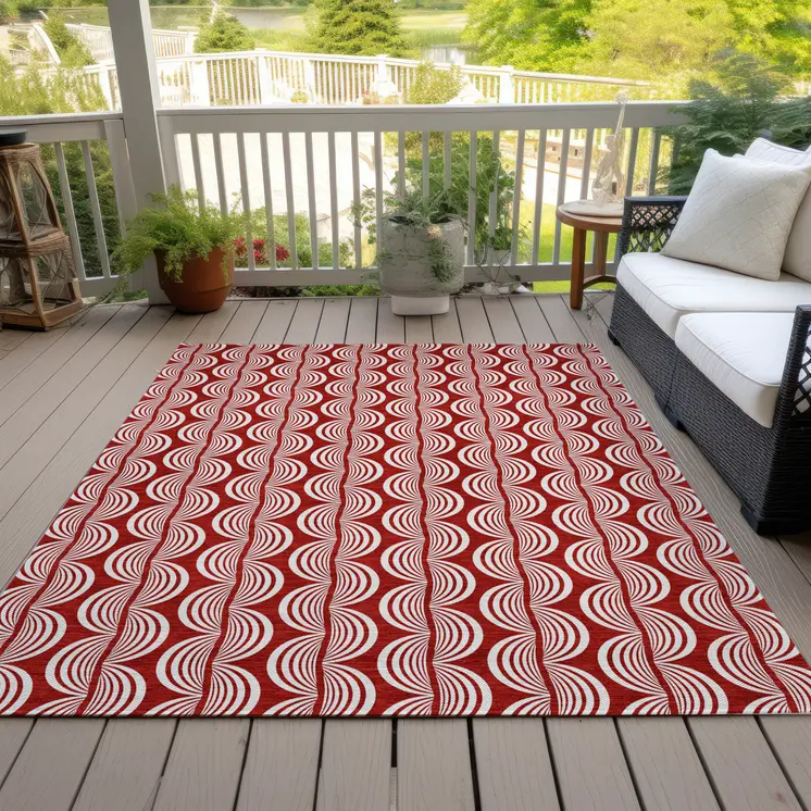 10' X 14' Red And Ivory Ogee Washable Indoor Outdoor Area Rug