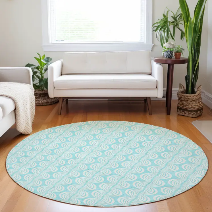 8' Aqua And Beige Round Ogee Washable Indoor Outdoor Area Rug