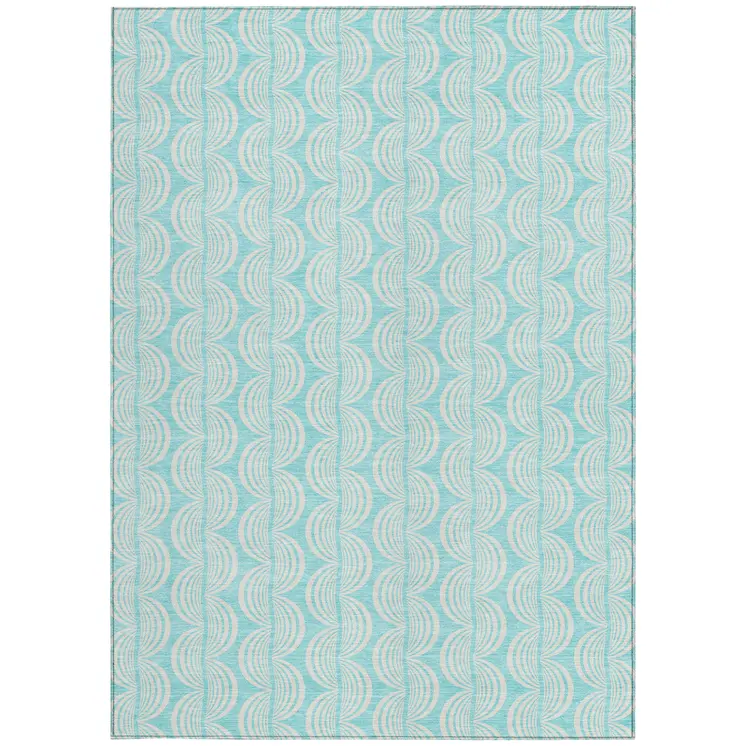 9' X 12' Aqua And Beige Ogee Washable Indoor Outdoor Area Rug