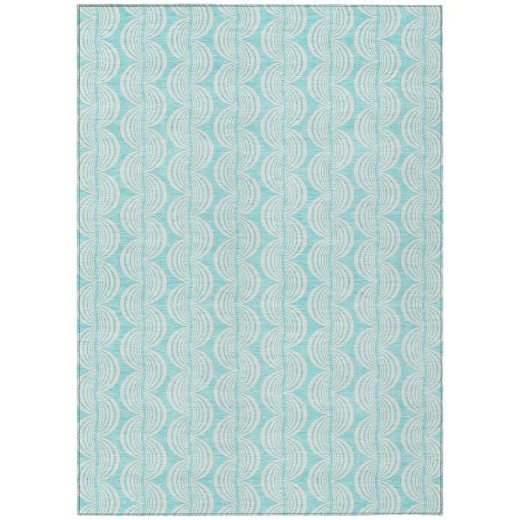 9' X 12' Aqua And Beige Ogee Washable Indoor Outdoor Area Rug