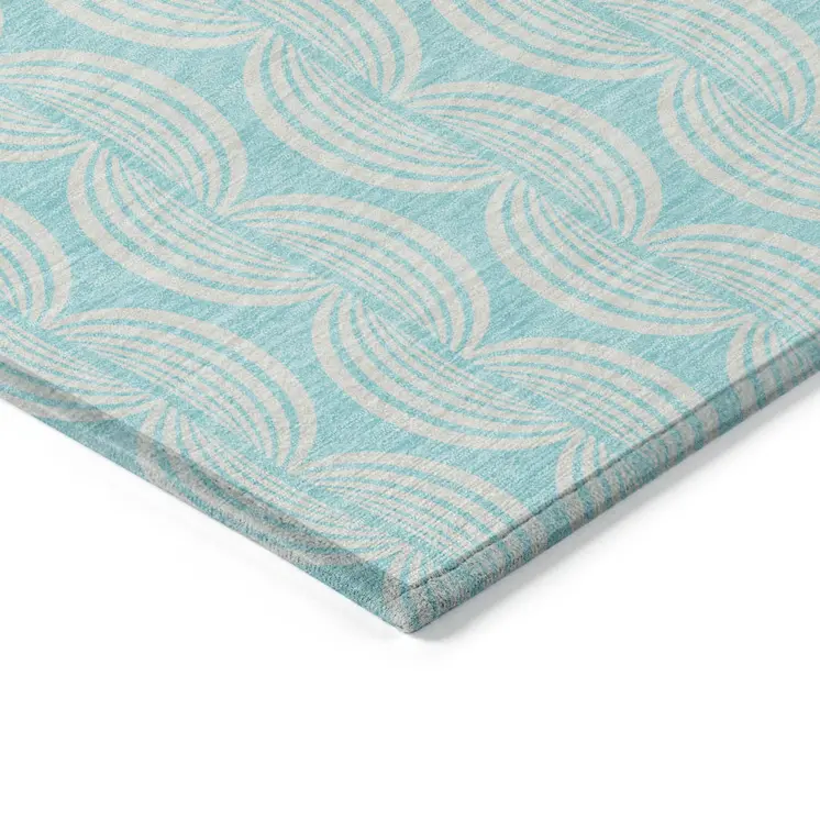 9' X 12' Aqua And Beige Ogee Washable Indoor Outdoor Area Rug