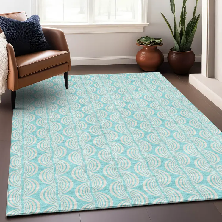 9' X 12' Aqua And Beige Ogee Washable Indoor Outdoor Area Rug