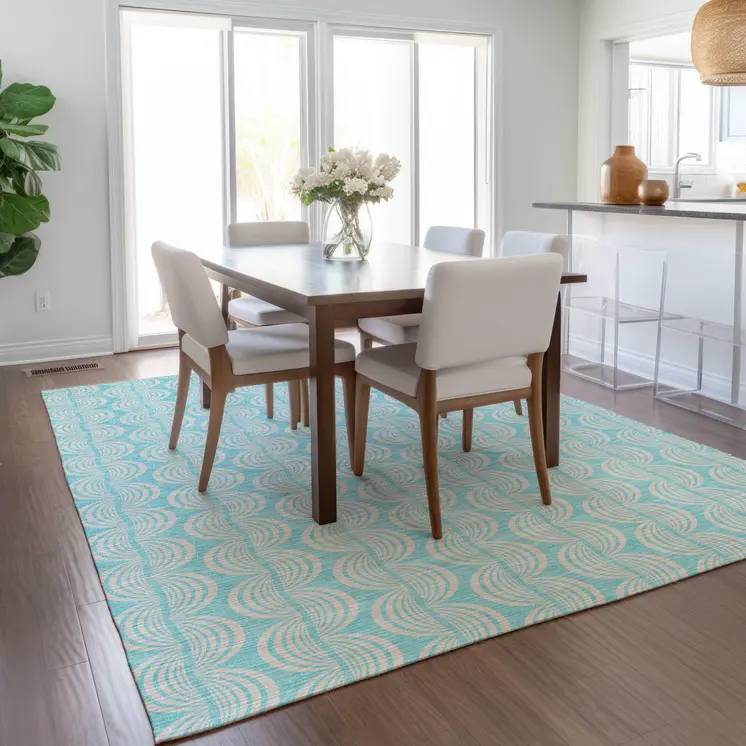 9' X 12' Aqua And Beige Ogee Washable Indoor Outdoor Area Rug