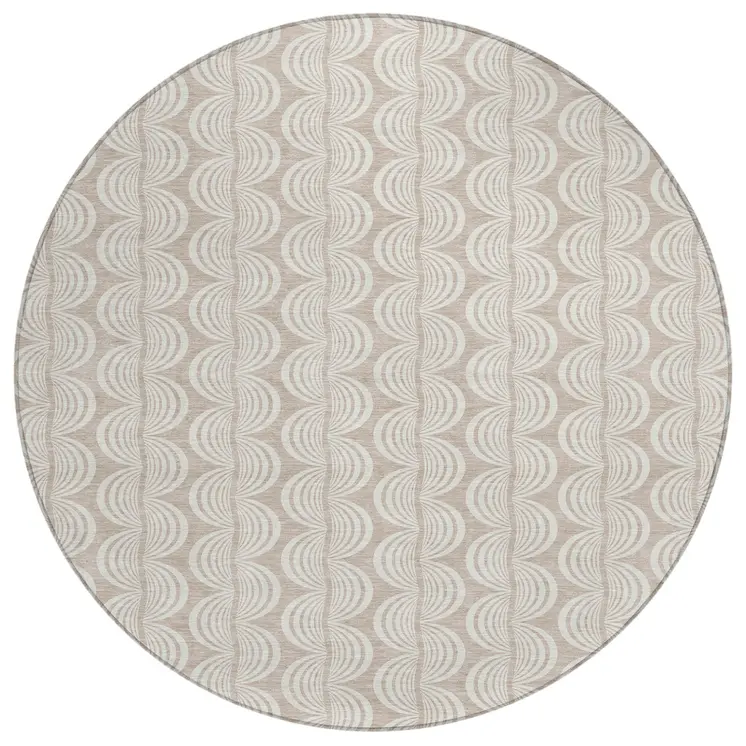 8' Khaki And Beige Round Ogee Washable Indoor Outdoor Area Rug