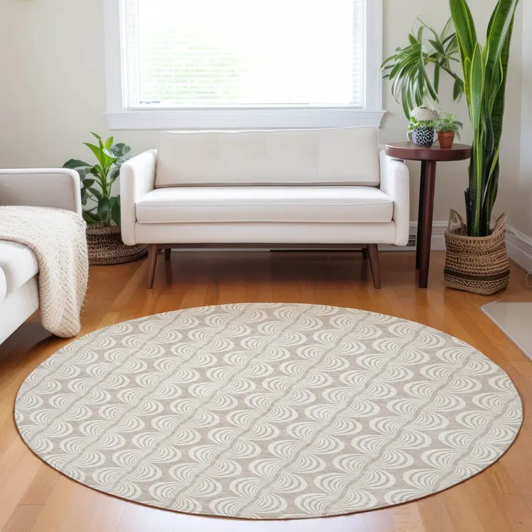 8' Khaki And Beige Round Ogee Washable Indoor Outdoor Area Rug