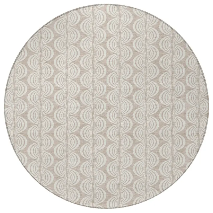 8' Khaki And Beige Round Ogee Washable Indoor Outdoor Area Rug