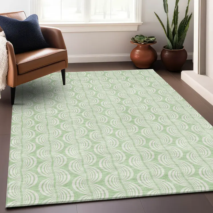 10' X 14' Mint Green And Beige Ogee Washable Indoor Outdoor Area Rug