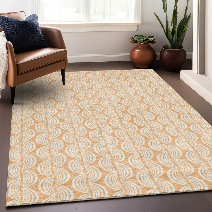 3' X 5' Peach And Beige Ogee Washable Indoor Outdoor Area Rug