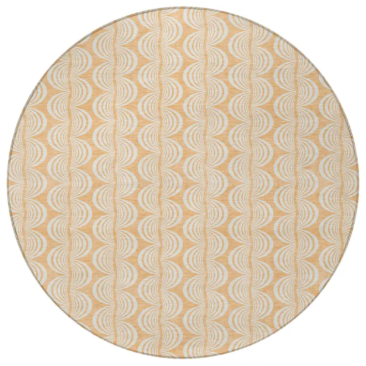 8' Peach And Beige Round Ogee Washable Indoor Outdoor Area Rug