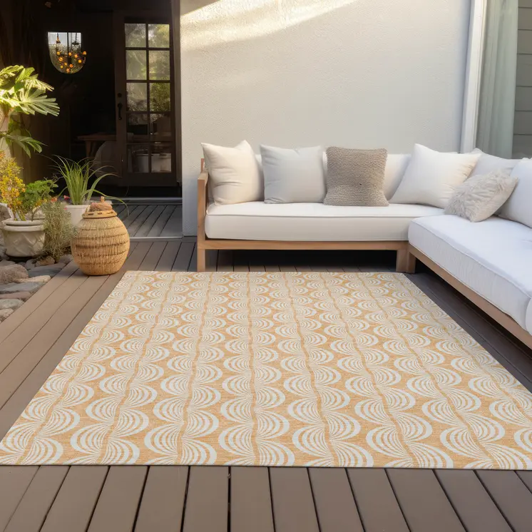 9' X 12' Peach And Beige Ogee Washable Indoor Outdoor Area Rug