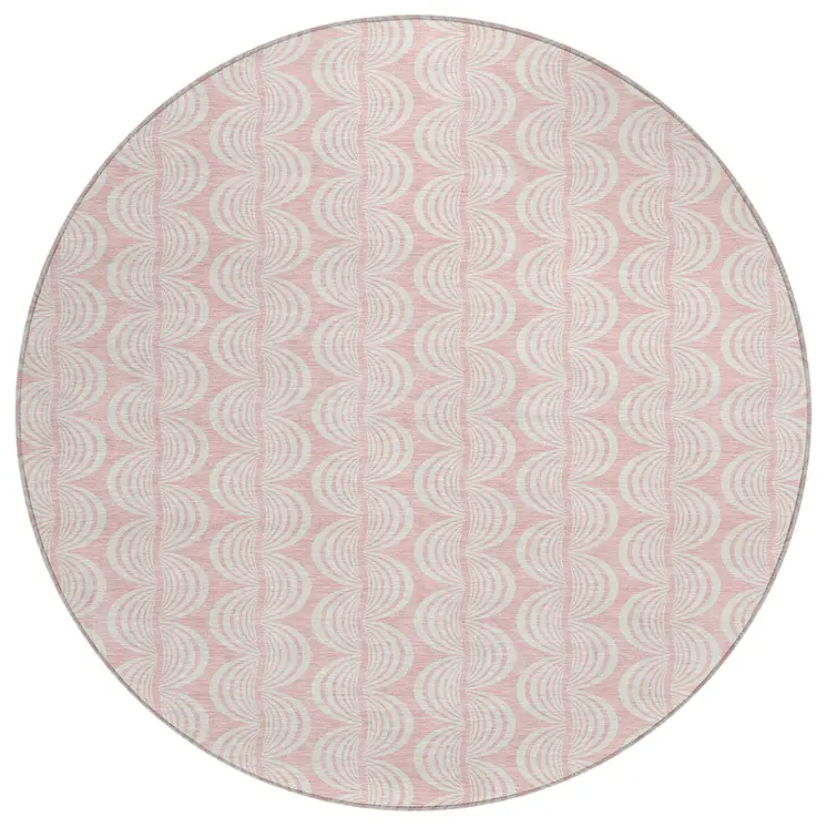 8' Pink And Gray Round Ogee Washable Indoor Outdoor Area Rug